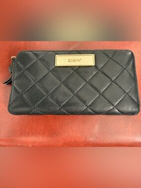 DKNY Black Quilted Zip Around Wallet Gold Tone Logo Continental Wallet